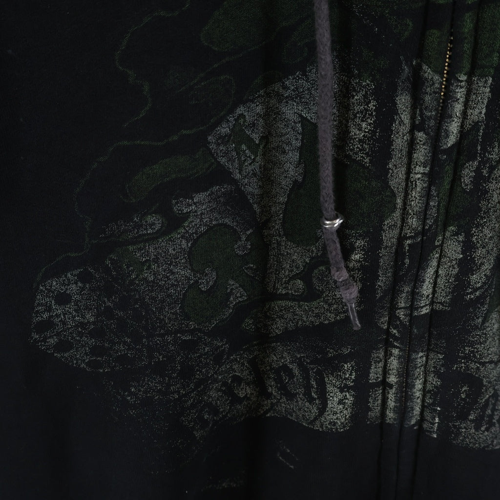 HARLEY DAVIDSON(ハーレーダビッドソン) 10s GREEN FLAMES ZIPUP HOODIE グリーンフレイムス 袖ロゴ ジップアップパーカー ブラック