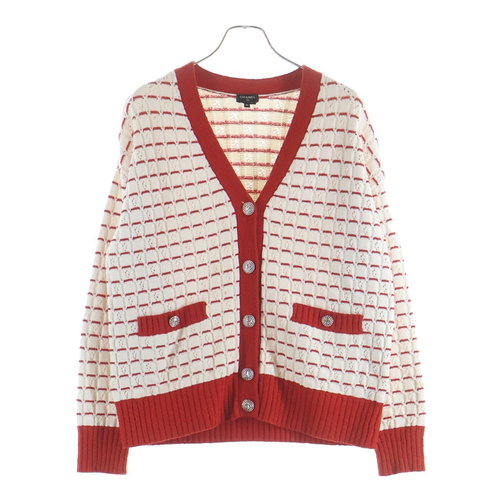 CHANEL(シャネル) 23SS ラインストーン ビジューボタン 長袖ニットカーディガン P74152 ホワイト/レッド レディース