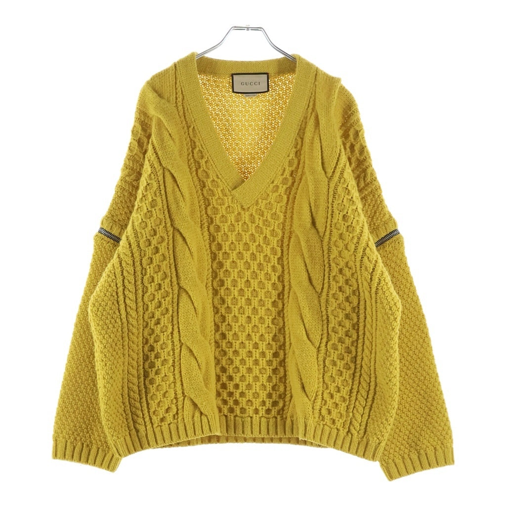 GUCCI(グッチ) デタッチャブルスリーブケーブル 長袖ニットVネックセーター イエロー 673684 XKB22