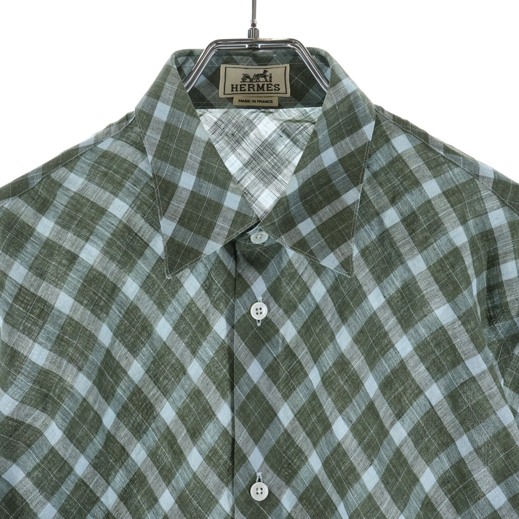 HERMES(エルメス) 00s archive リネン 長袖シャツ オールドタグ フランス製 ボタンアップ チェック グリーン