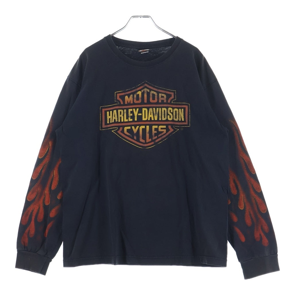 HARLEY DAVIDSON(ハーレーダビッドソン) 00S BAR&SHIELD INFERNO FLAME SLEEVE L/S TEE 袖フレイム 両面プリント 長袖カットソーTシャツ ブラック