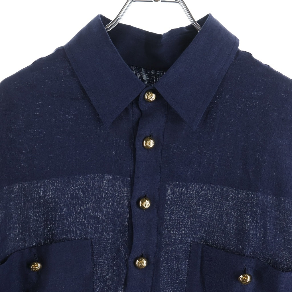 VALENTINO(ヴァレンティノ) LINEN HALF BUTTON SS SHIRT 金ボタン リネン ハーフボタン半袖シャツ ネイビー 7V3AAF25AT7
