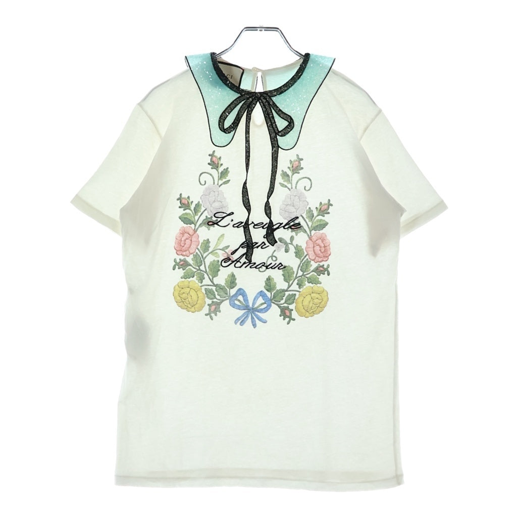 GUCCI(グッチ) Floral Blouse スパンコールリボン 半袖Tシャツ ブラウス レディース ホワイト 425066 X5A02