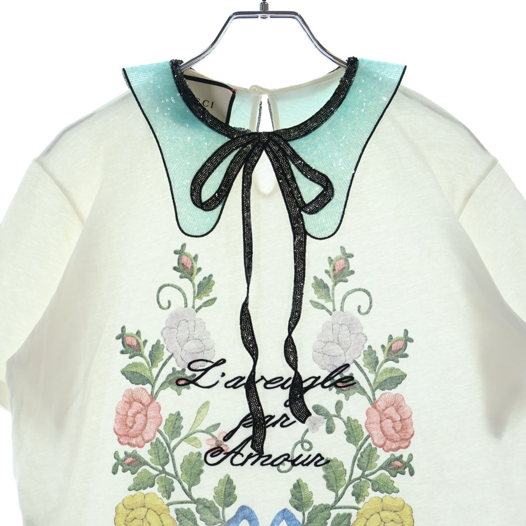 GUCCI(グッチ) Floral Blouse スパンコールリボン 半袖Tシャツ ブラウス レディース ホワイト 425066 X5A02