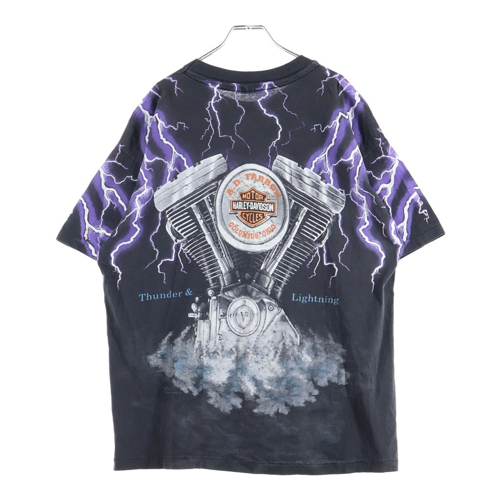 HARLEY DAVIDSON(ハーレーダビッドソン) 90S サンダー ライトニング モーターサイクル 両面オーバープリントTシャツ 半袖クルーネック ブラック