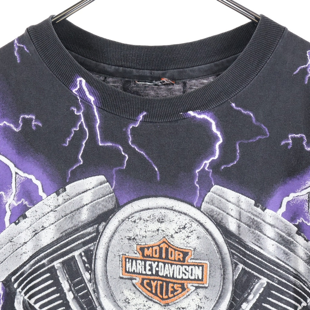 HARLEY DAVIDSON(ハーレーダビッドソン) 90S サンダー ライトニング モーターサイクル 両面オーバープリントTシャツ 半袖クルーネック ブラック