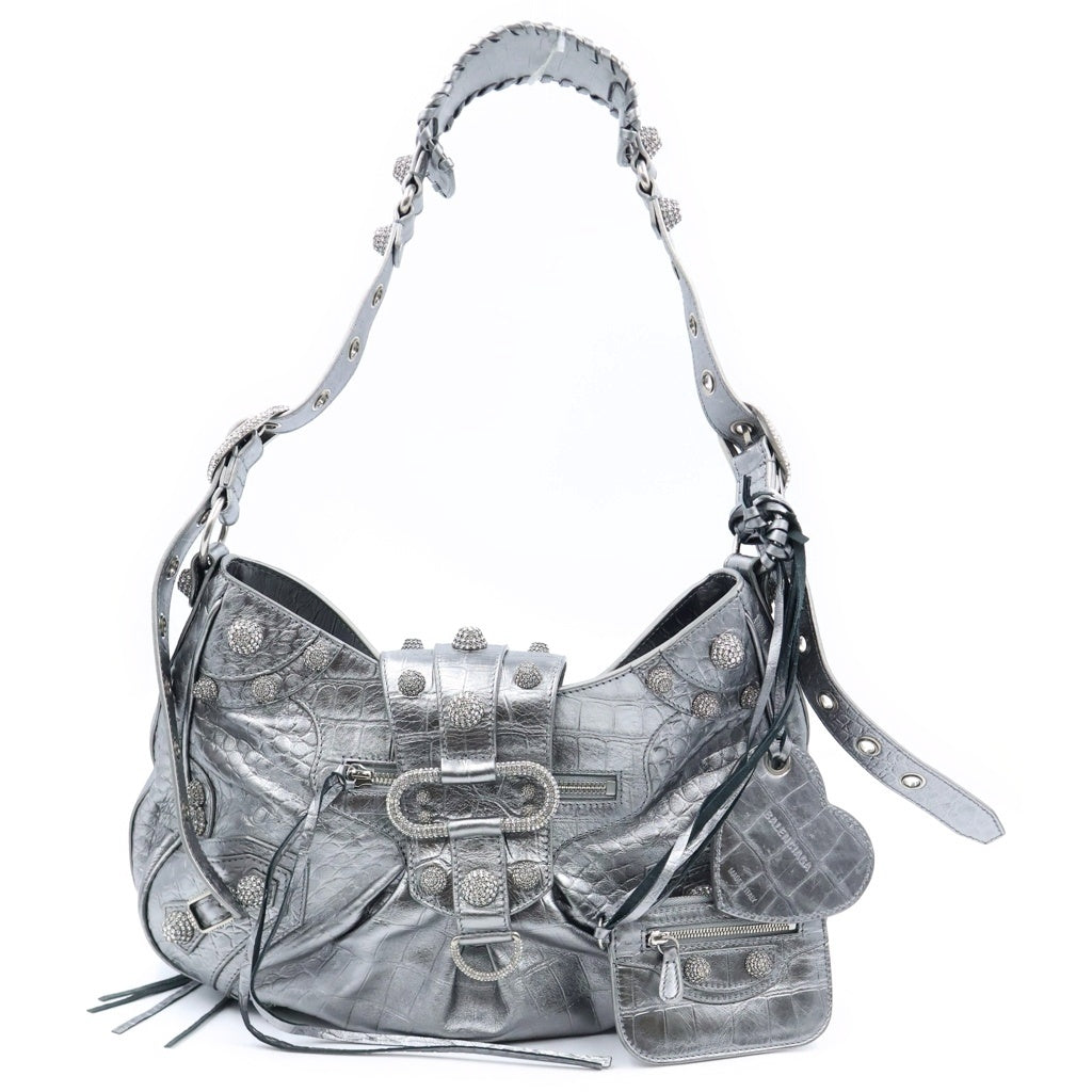 BALENCIAGA(バレンシアガ) Neo Cagole ネオカゴール クロコ型押し ラインストーン装飾 ハンドバッグ シルバー 672754 レディース