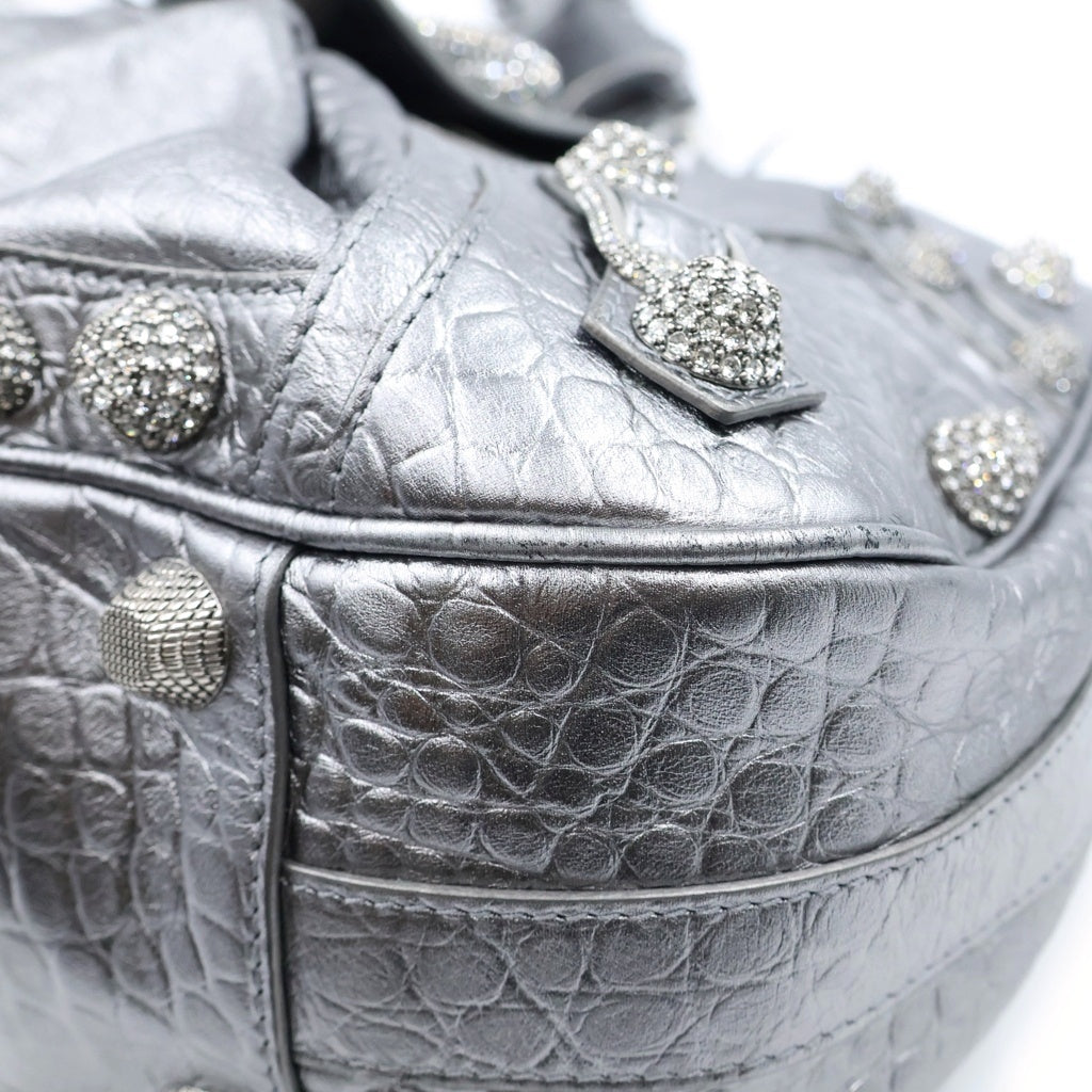 BALENCIAGA(バレンシアガ) Neo Cagole ネオカゴール クロコ型押し ラインストーン装飾 ハンドバッグ シルバー 672754 レディース