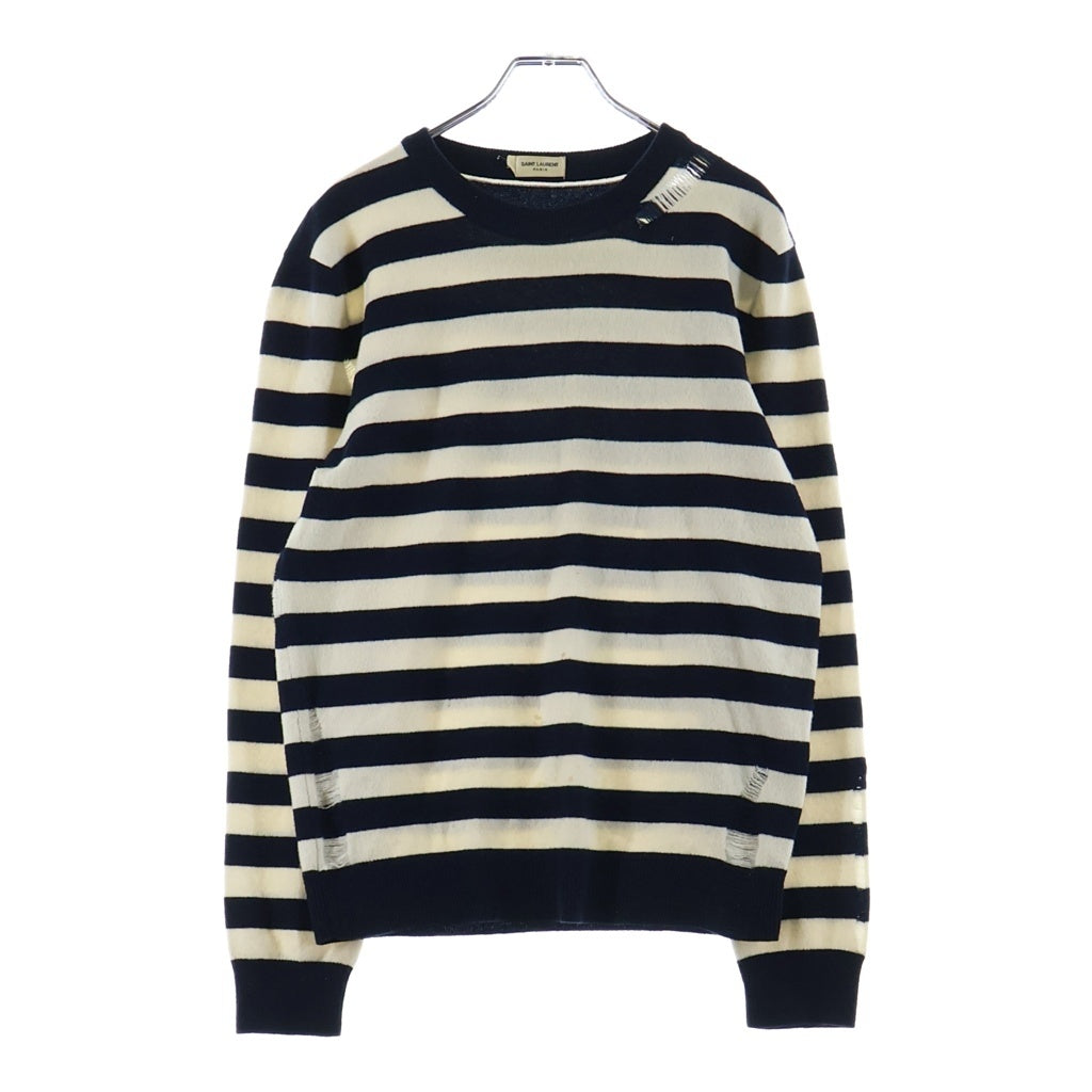 SAINT LAURENT PARIS(サンローランパリ) ダメージ加工 ウールボーダー 長袖ニット セーター 454193 Y1SM1 ネイビー/ホワイト