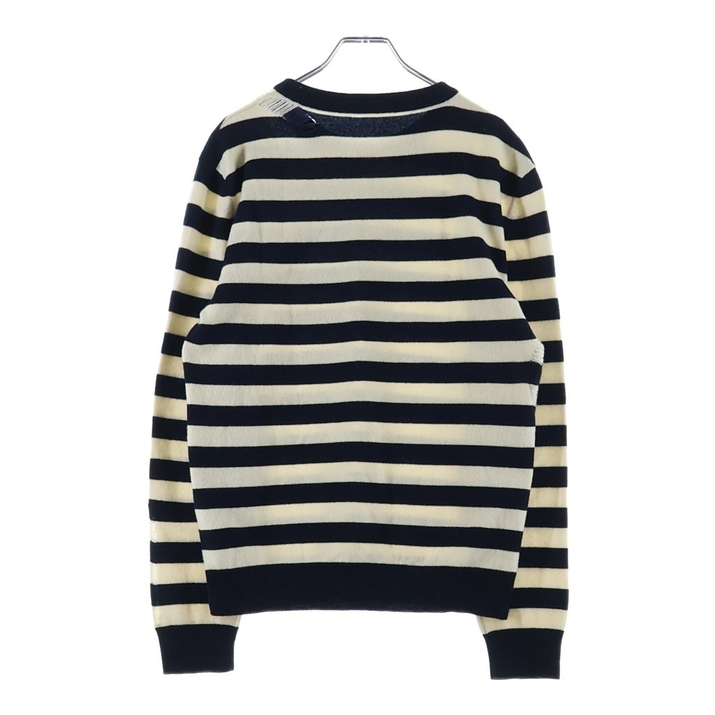 SAINT LAURENT PARIS(サンローランパリ) ダメージ加工 ウールボーダー 長袖ニット セーター 454193 Y1SM1 ネイビー/ホワイト