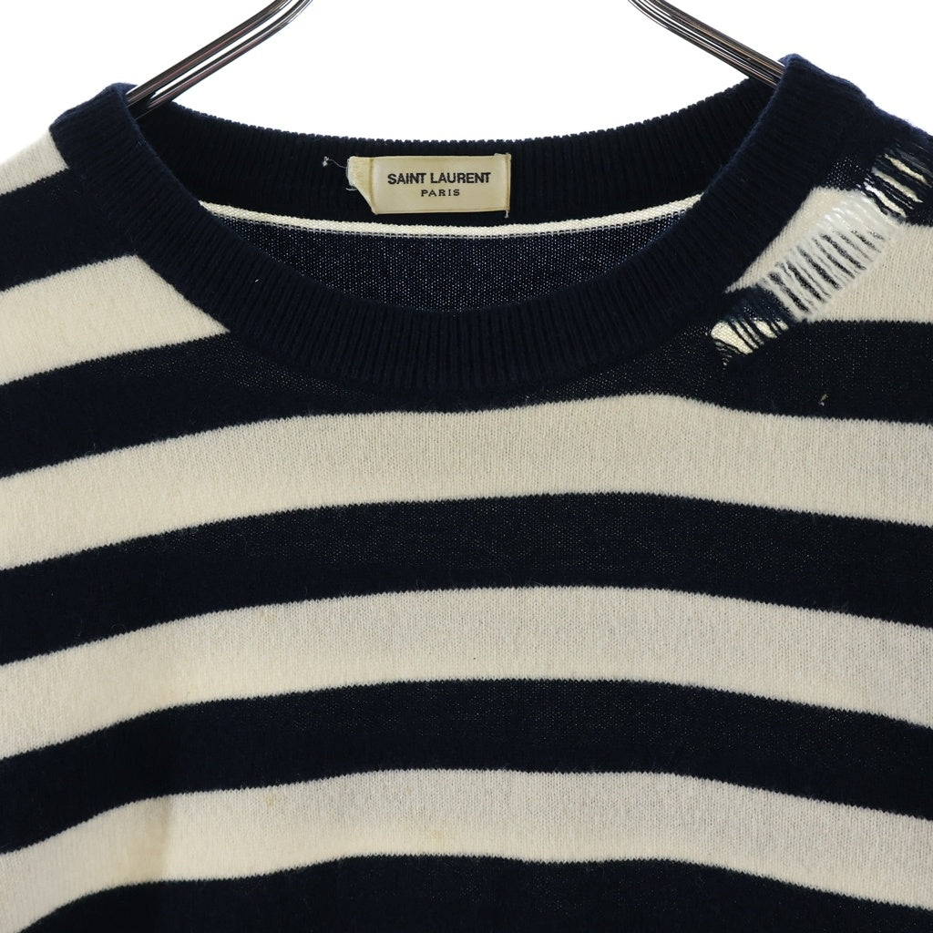 SAINT LAURENT PARIS(サンローランパリ) ダメージ加工 ウールボーダー 長袖ニット セーター 454193 Y1SM1 ネイビー/ホワイト