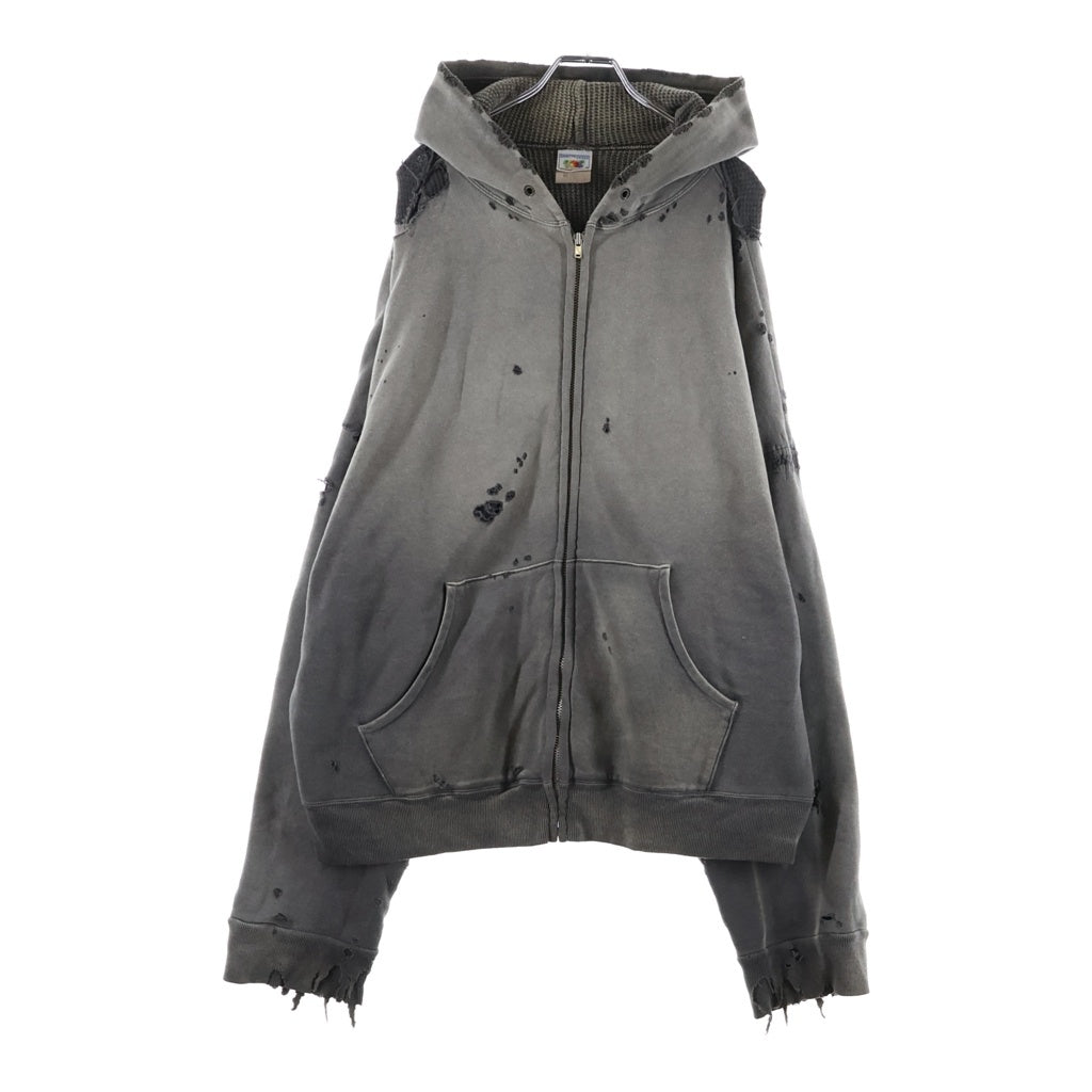 SAINT MICHAEL(セントマイケル) 24AW DBL FC ZIP HOODIE ダブルフェイス 裏地サーマル ダメージ加工 ジップアップスウェットパーカー フーディー グレー SM-YS1-0000-042
