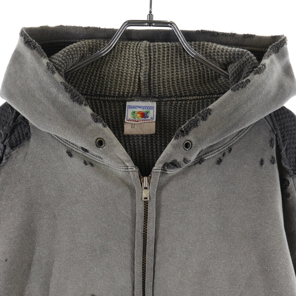 SAINT MICHAEL(セントマイケル) 24AW DBL FC ZIP HOODIE ダブルフェイス 裏地サーマル ダメージ加工 ジップアップスウェットパーカー フーディー グレー SM-YS1-0000-042