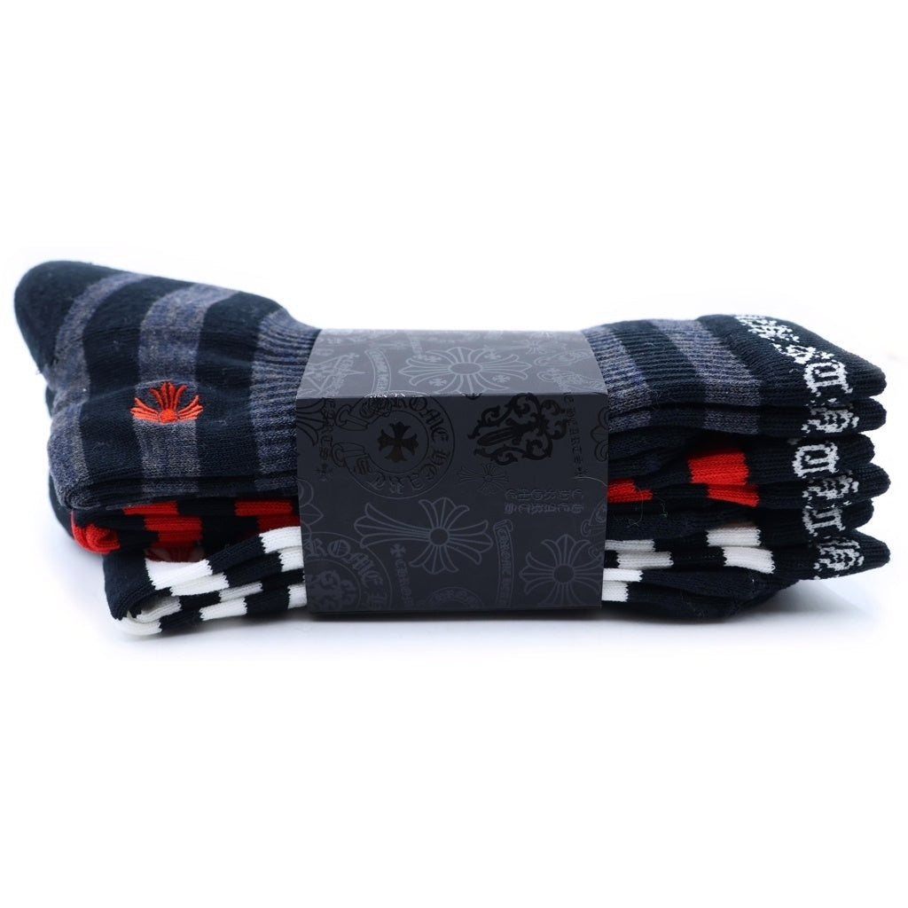 CHROME HEARTS(クロムハーツ) CHプラス刺繍 ボーダー ソックス 靴下 3足セット ブラック/レッド/ホワイト