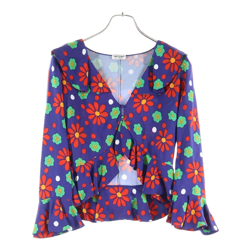 SAINT LAURENT PARIS(サンローランパリ) Blue Rouge Vert Ruffled Floral Printed Crepe Blouse ブルー ルージュ ヴェール ラッフル フローラルプリント ブラウス レディース 681875 Y5E54