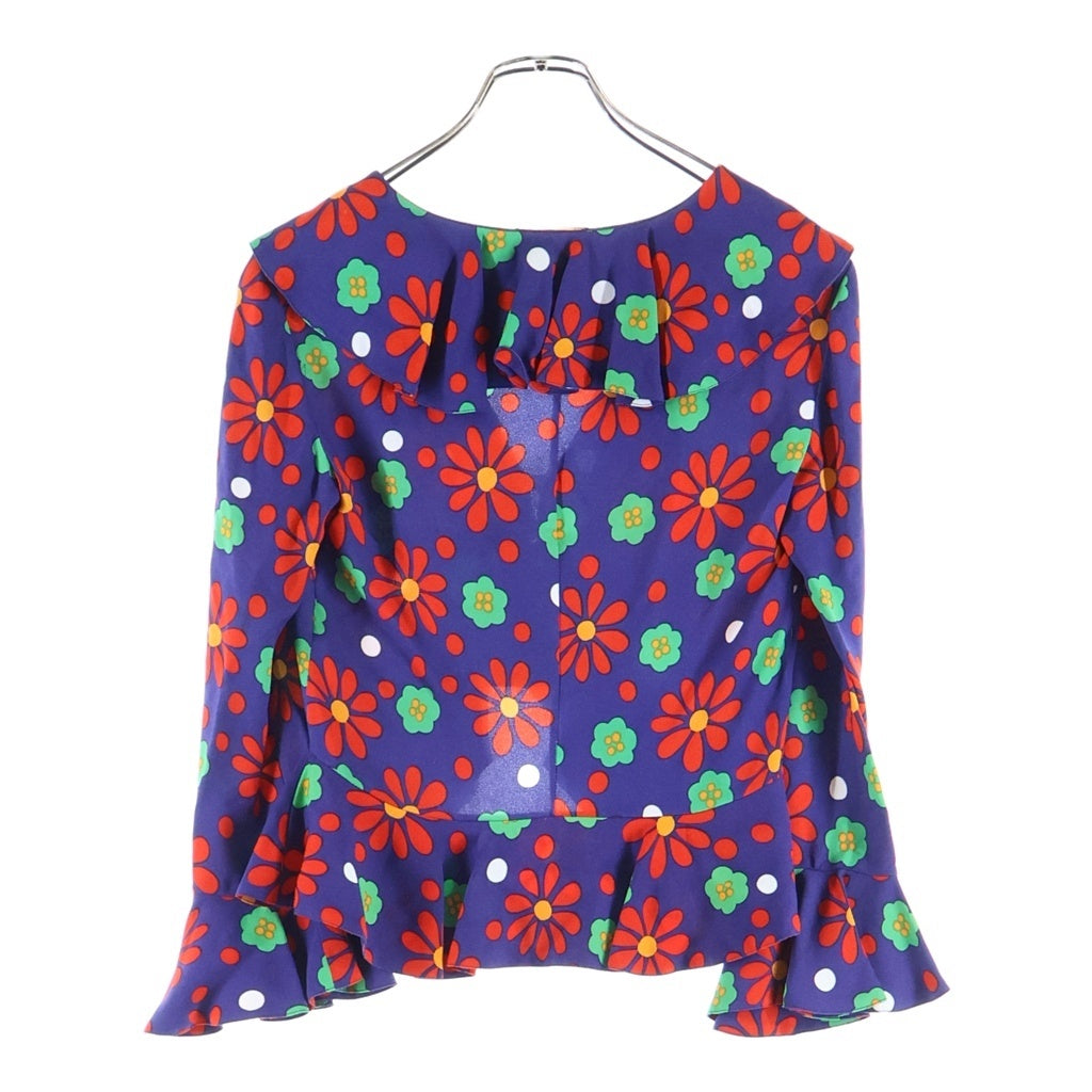 SAINT LAURENT PARIS(サンローランパリ) Blue Rouge Vert Ruffled Floral Printed Crepe Blouse ブルー ルージュ ヴェール ラッフル フローラルプリント ブラウス レディース 681875 Y5E54