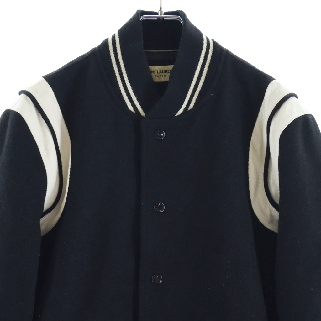 SAINT LAURENT PARIS(サンローランパリ) TEDDY JACKET テディジャケット レザートリムウールスタジアムジャンパー ブルゾン 354718 ブラック