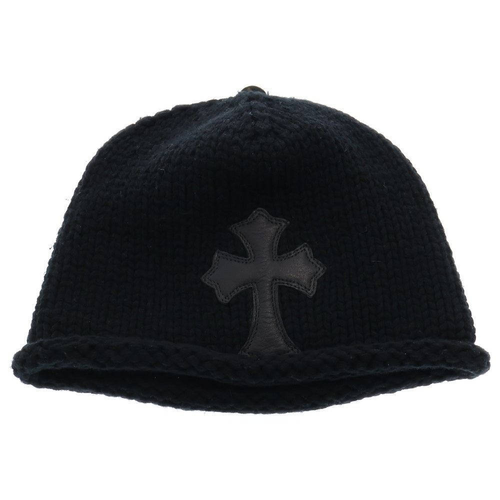 CHROME HEARTS(クロムハーツ) BEANIE CASH レザーパッチビーニー クロスパッチ付きカシミヤビーニー ニット帽子 ブラック/シルバー