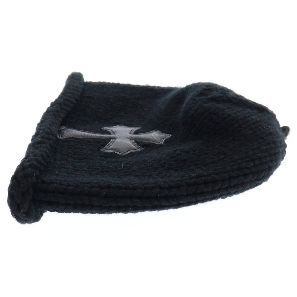 CHROME HEARTS(クロムハーツ) BEANIE CASH レザーパッチビーニー クロスパッチ付きカシミヤビーニー ニット帽子 ブラック/シルバー