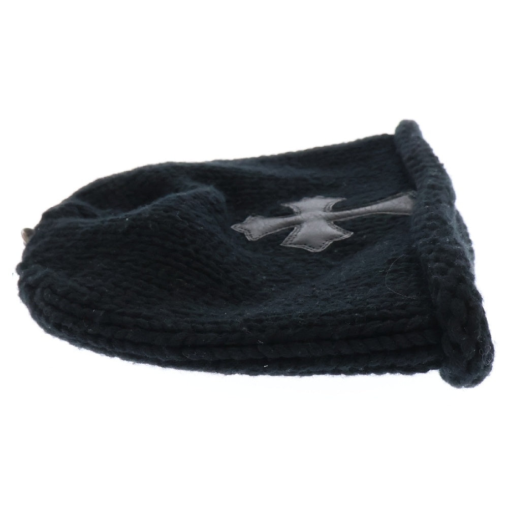 CHROME HEARTS(クロムハーツ) BEANIE CASH レザーパッチビーニー クロスパッチ付きカシミヤビーニー ニット帽子 ブラック/シルバー