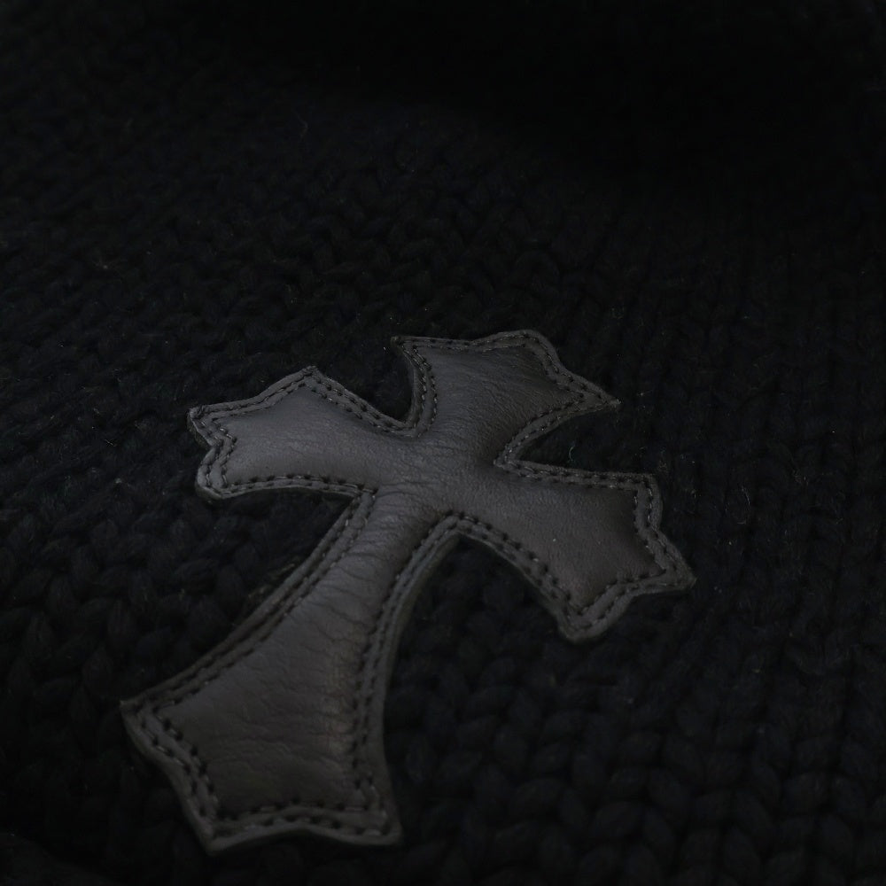 CHROME HEARTS(クロムハーツ) BEANIE CASH レザーパッチビーニー クロスパッチ付きカシミヤビーニー ニット帽子 ブラック/シルバー