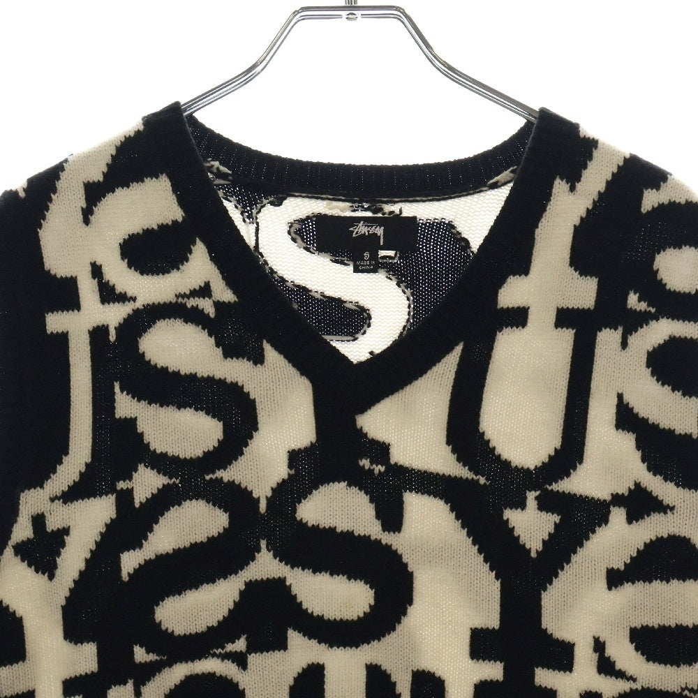 STUSSY(ステューシー) STACKED SWEATER VEST ロゴ ニットベスト ブラック/ホワイト