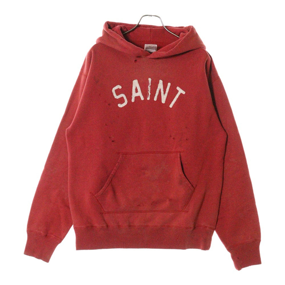 SAINT MICHAEL(セントマイケル) 20AW SM11 HOODIE RED ダメージ加工 フロントロゴ刺繍 スウェットプルオーバーパーカー レッド SM-A20-0000-015