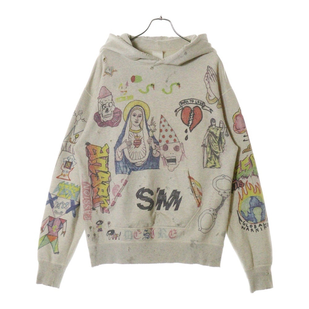 SAINT MICHAEL(セントマイケル) 21SS Graffiti Hoodie グラフィティ フーディ プルオーバー パーカー ペイント ヴィンテージ加工 グレー SM-S21-0000-044