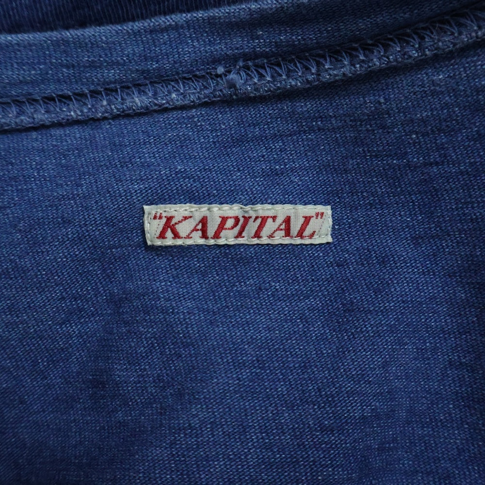 KAPITAL(キャピタル) アーム異素材切替 クルーネック 七分丈シャツ ミディアムスリーブ インディゴブルー レディース