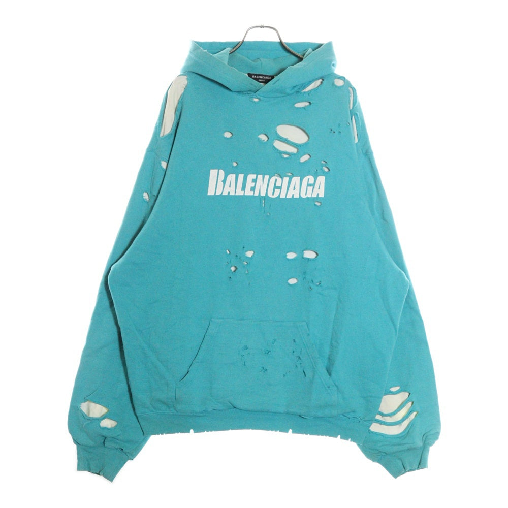 BALENCIAGA(バレンシアガ) 21SS Caps Destroyed Hoodie キャップス デストロイド加工スウェットプルオーバーパーカー ライトブルー 659403 TKVB6