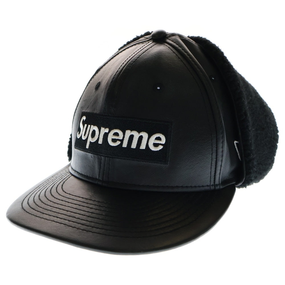 SUPREME(シュプリーム) 22AW×NEW ERA Leather Earflap Box Logo レザー イヤーフラップ ボックスロゴ フライトキャップ 帽子 ブラック