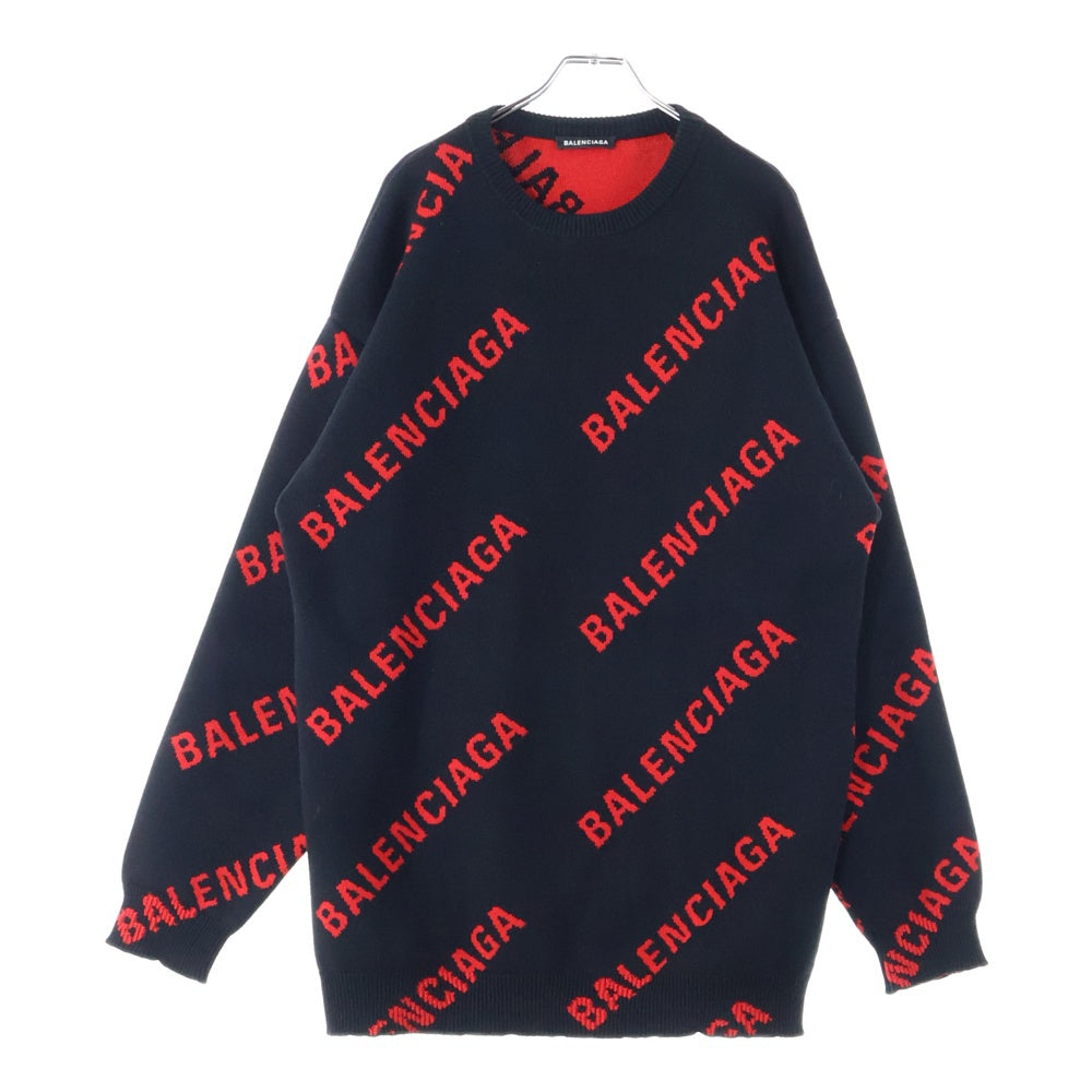 BALENCIAGA(バレンシアガ) 20AW 625970 T3178 総柄ロゴ オーバーサイズ クルーネックセーター 長袖セーター ニット ブラック/レッド