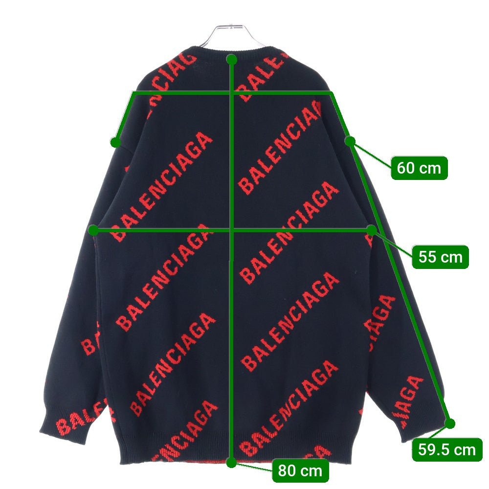 BALENCIAGA(バレンシアガ) 20AW 625970 T3178 総柄ロゴ オーバーサイズ クルーネックセーター 長袖セーター ニット ブラック/レッド