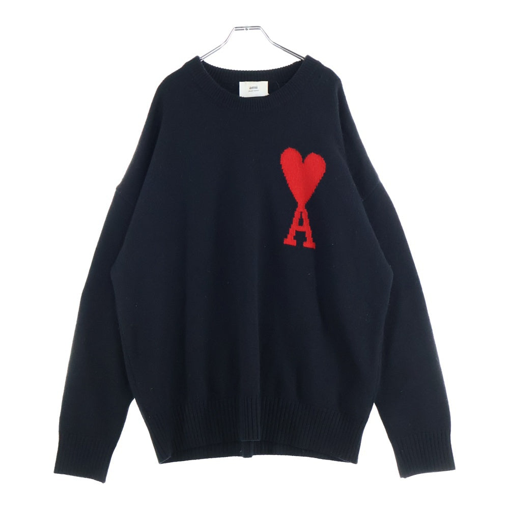 ami(アミ) ハート刺繍ロゴ クルーネックニットセーター ブラック/レッド BFUKS002.018