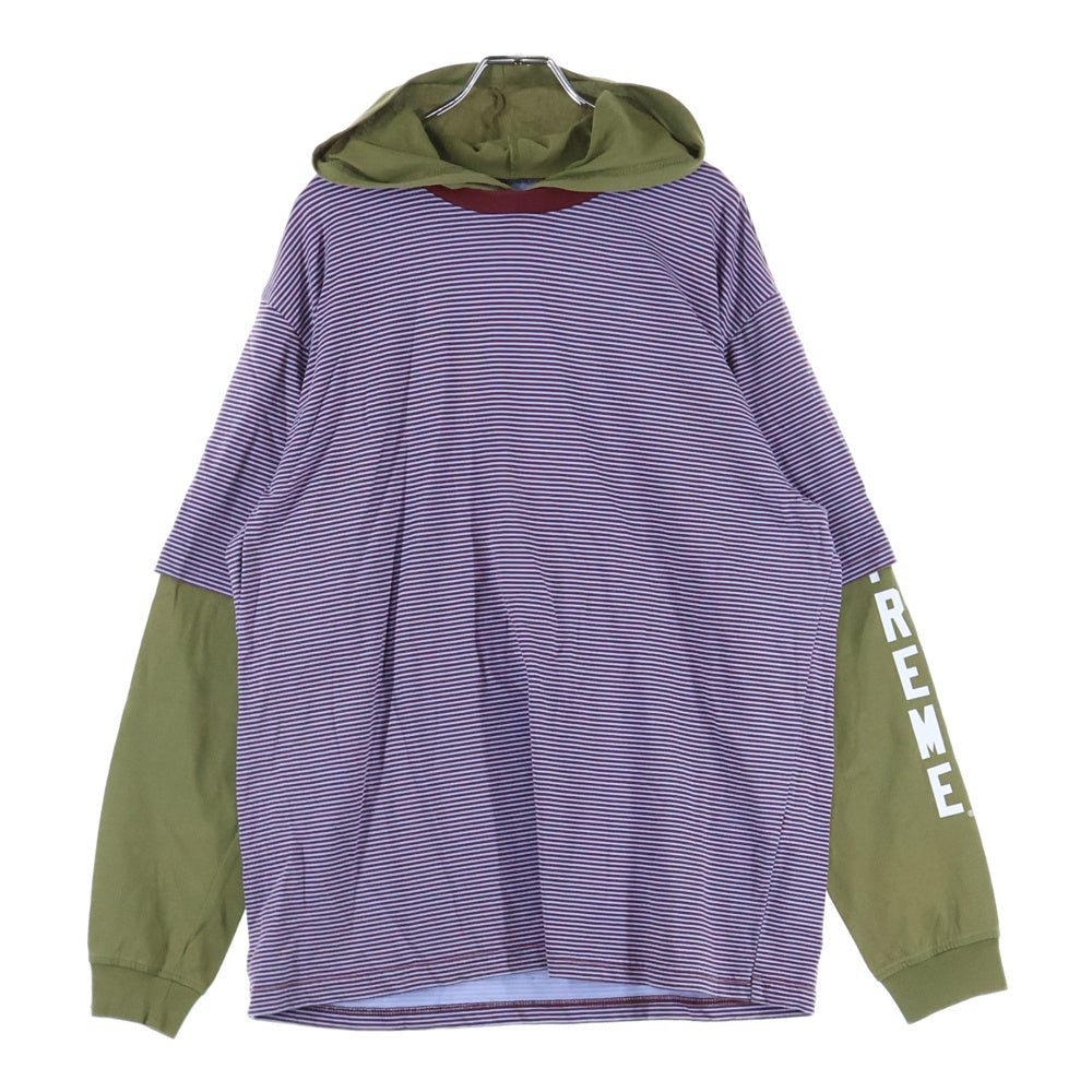 SUPREME(シュプリーム) 24SS LAYERED HOODED L/S TOP ボーダー柄 レイヤードフーディー長袖Tシャツ カットソー パープル/カーキ