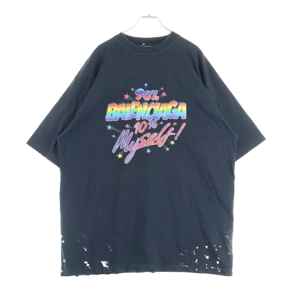 BALENCIAGA(バレンシアガ) 90/10 プリント ダメージ加工 クルーネック半袖Tシャツ カットソー ブラック 641675 TMVH3