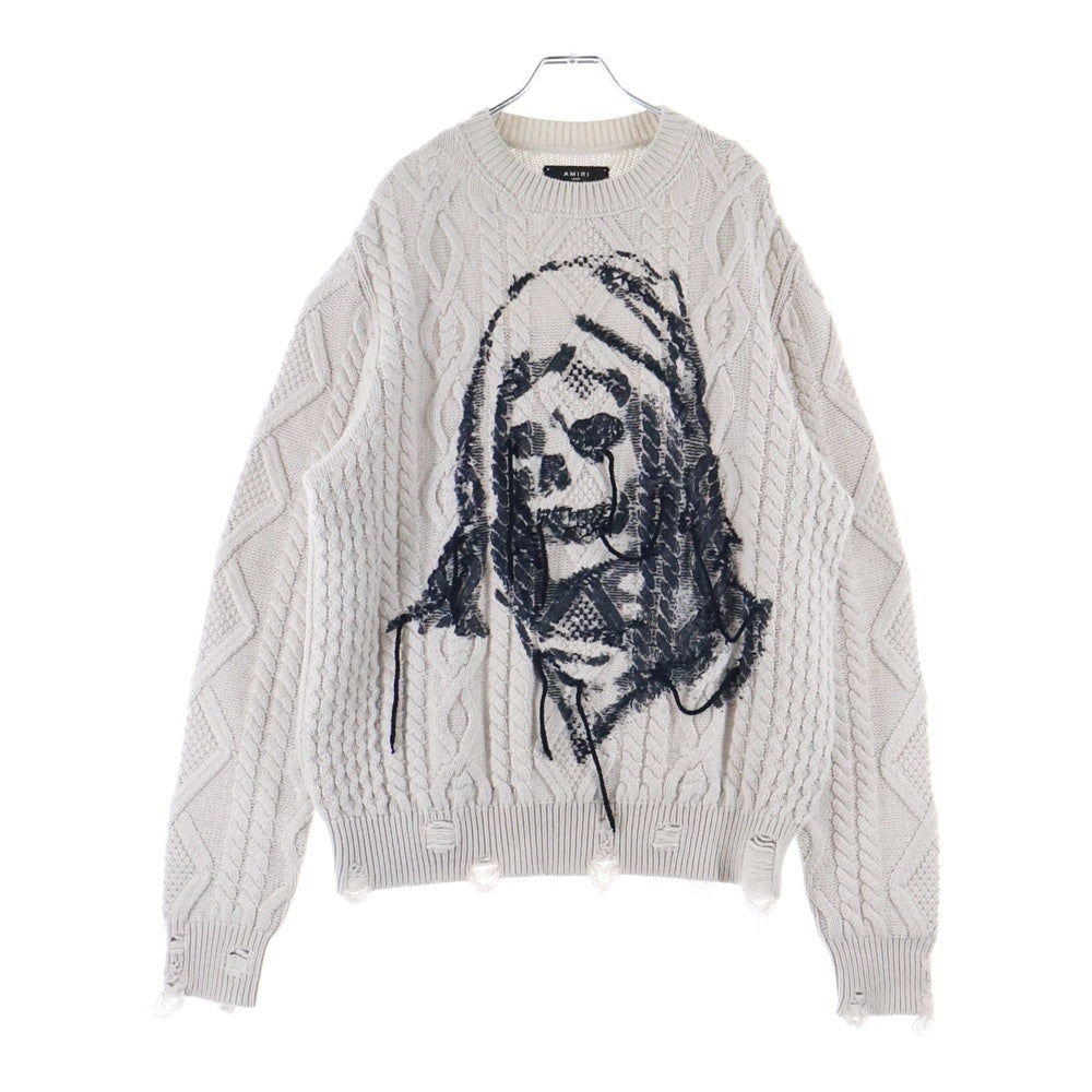 AMIRI(アミリ) 22AW WES LANG CABLE REAPER CREW ウェスラング スカル ダメージ加工クルーネックカシミアニットシャツ ベージュ AW22MKL023