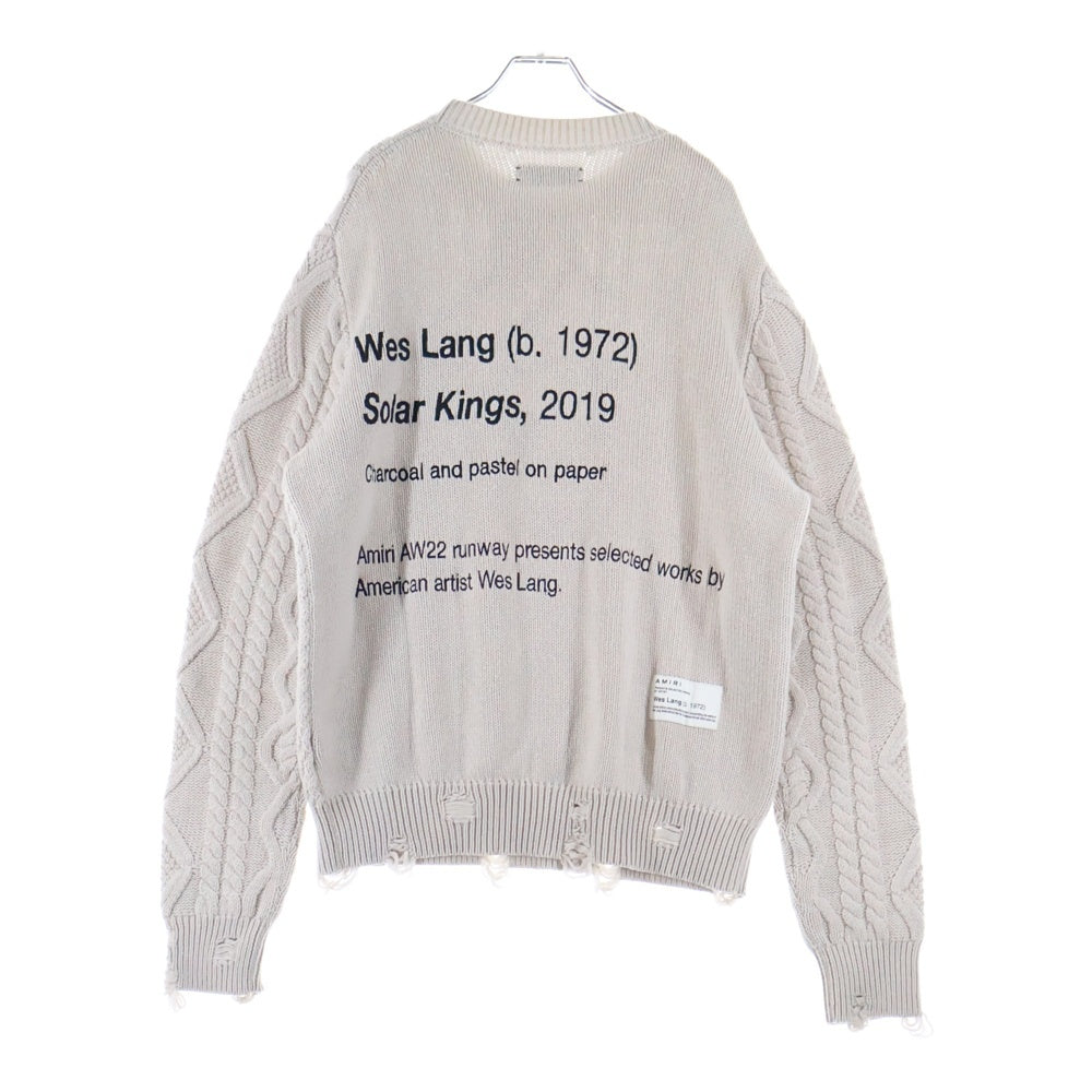 AMIRI(アミリ) 22AW WES LANG CABLE REAPER CREW ウェスラング スカル ダメージ加工クルーネックカシミアニットシャツ ベージュ AW22MKL023