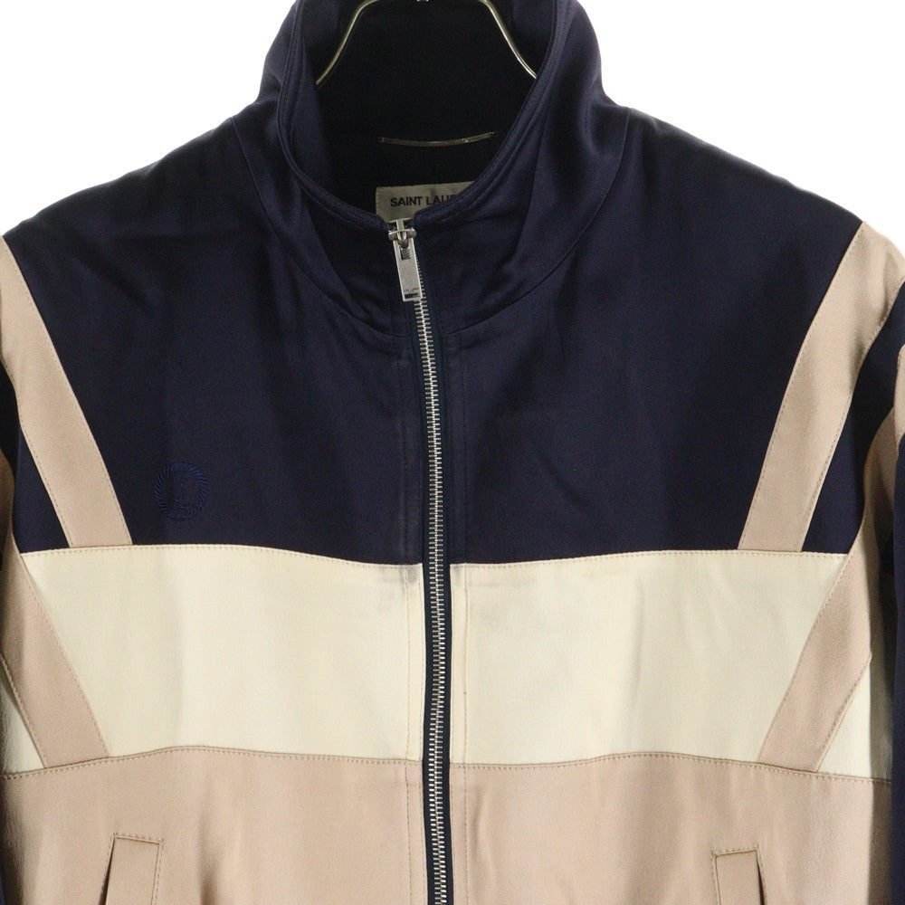 SAINT LAURENT PARIS(サンローランパリ) 22SS YSL刺繍ロゴ テディサテン ボンバージャケット ネイビー/ピンク 664170 Y3G36