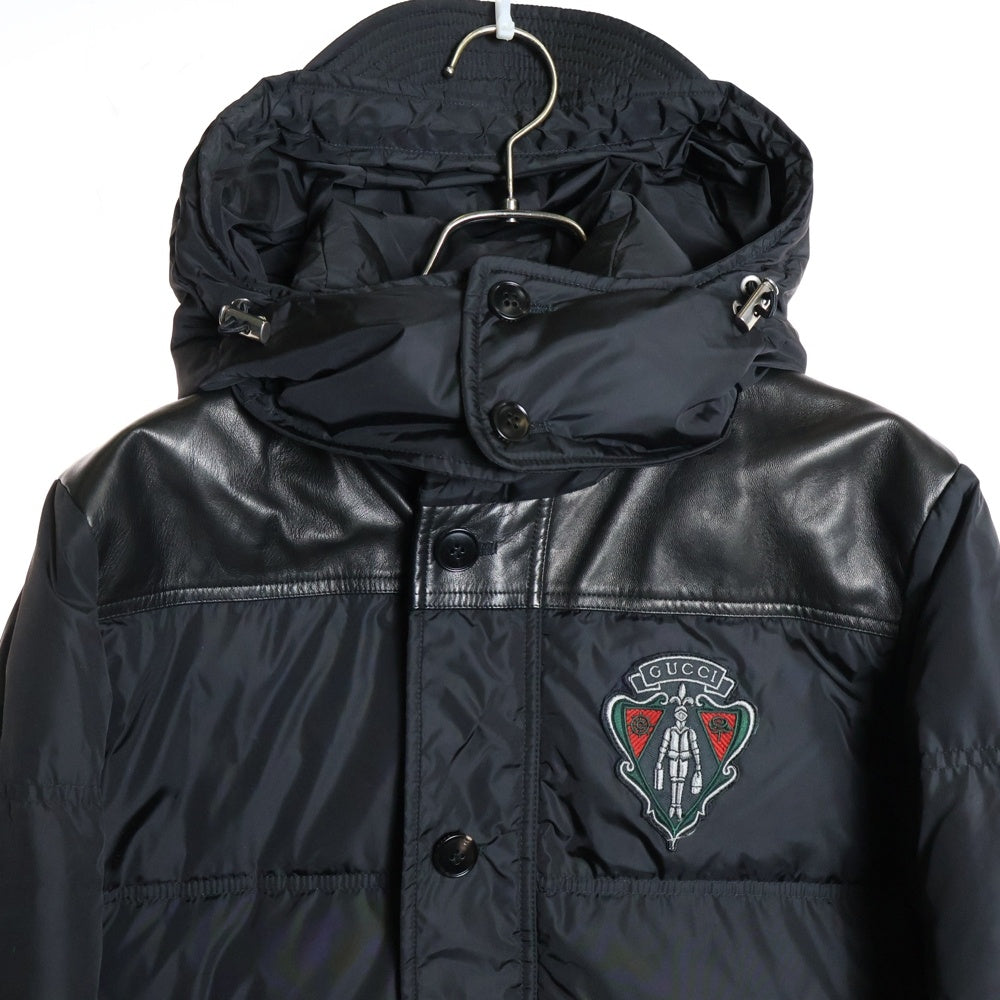 GUCCI(グッチ) レザー切替 フーデッドダウンジャケット ブラック