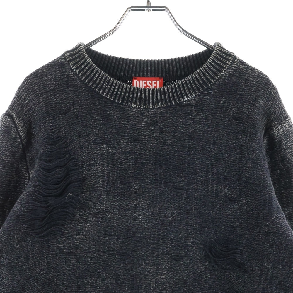 DIESEL(ディーゼル) K-FJORDI-ROUND ダメージ加工クルーネックニット セーター ブラック A21876