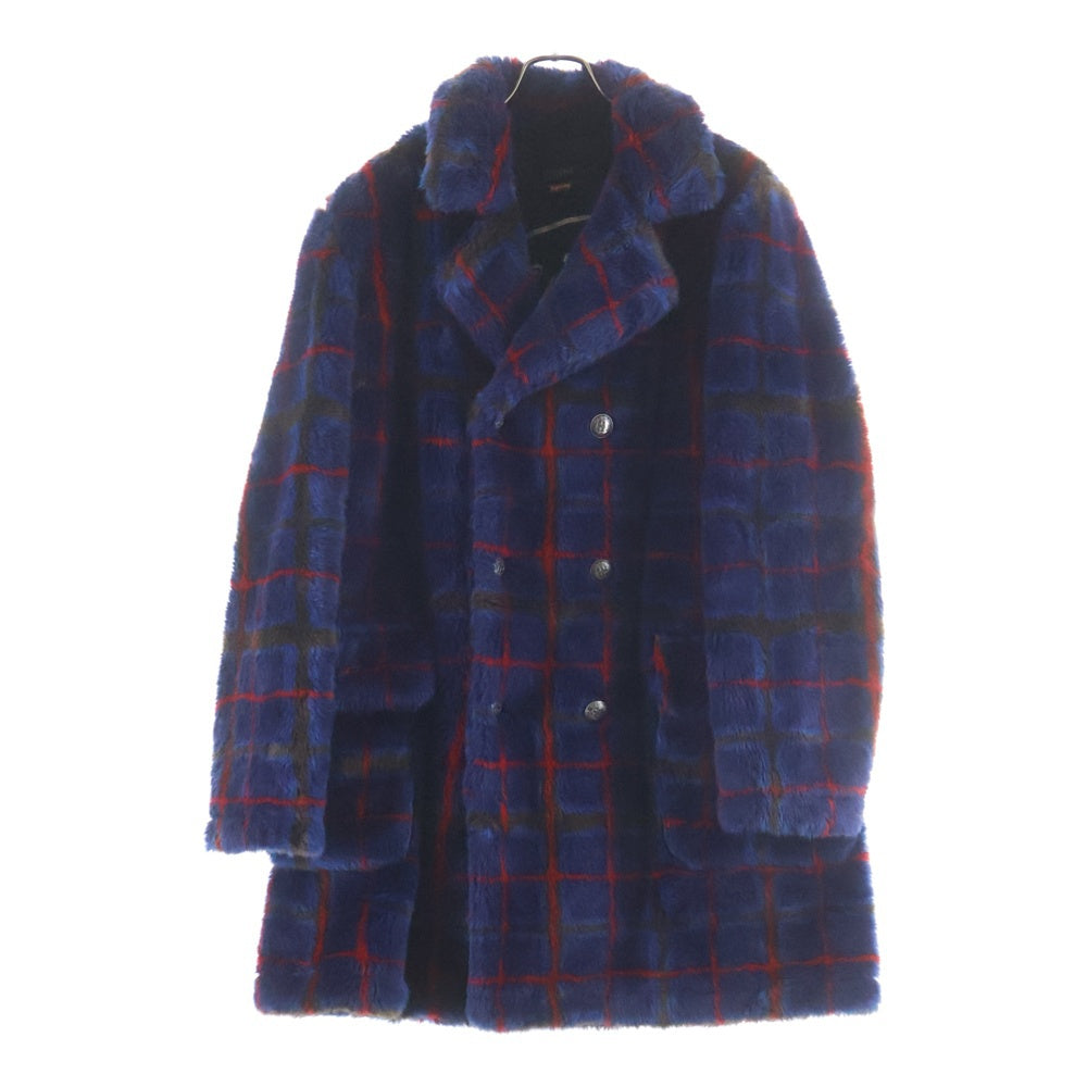 SUPREME(シュプリーム) ×Jean Paul GAULTIERDOUBLE Breasted Plaid Faux Fur Coat ジャンポールゴルチェ ダブルブレスト フェイクファーコート アウター ネイビー/レッド