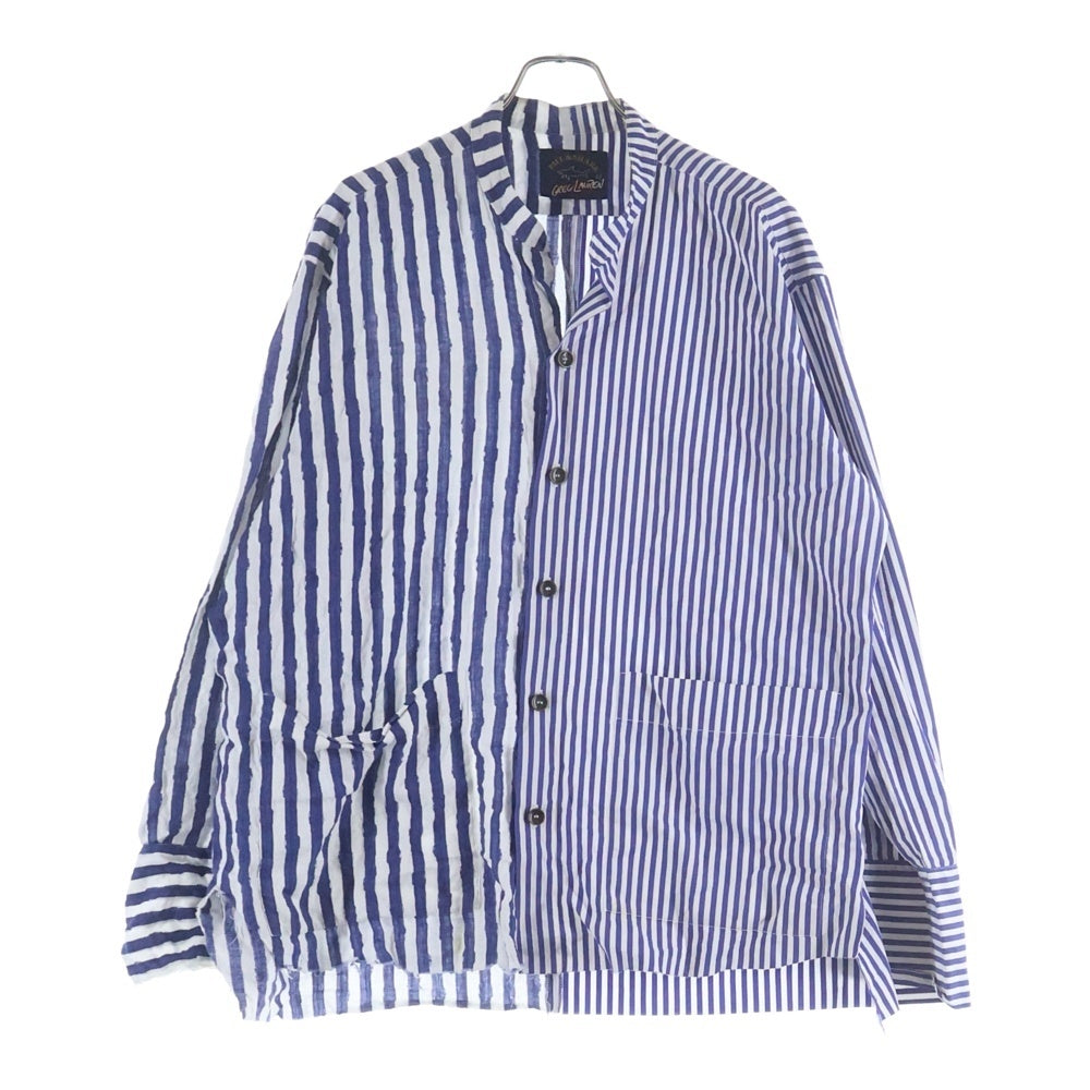 GREG LAUREN(グレッグローレン) Linen and Cotton Striped Shirt リネンコットンストライプシャツ ノーカラーシャツ ホワイト/ブルー
