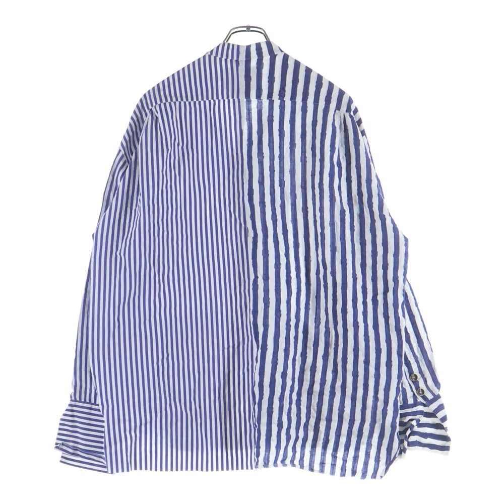 GREG LAUREN(グレッグローレン) Linen and Cotton Striped Shirt リネンコットンストライプシャツ ノーカラーシャツ ホワイト/ブルー