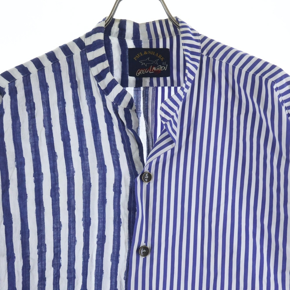 GREG LAUREN(グレッグローレン) Linen and Cotton Striped Shirt リネンコットンストライプシャツ ノーカラーシャツ ホワイト/ブルー