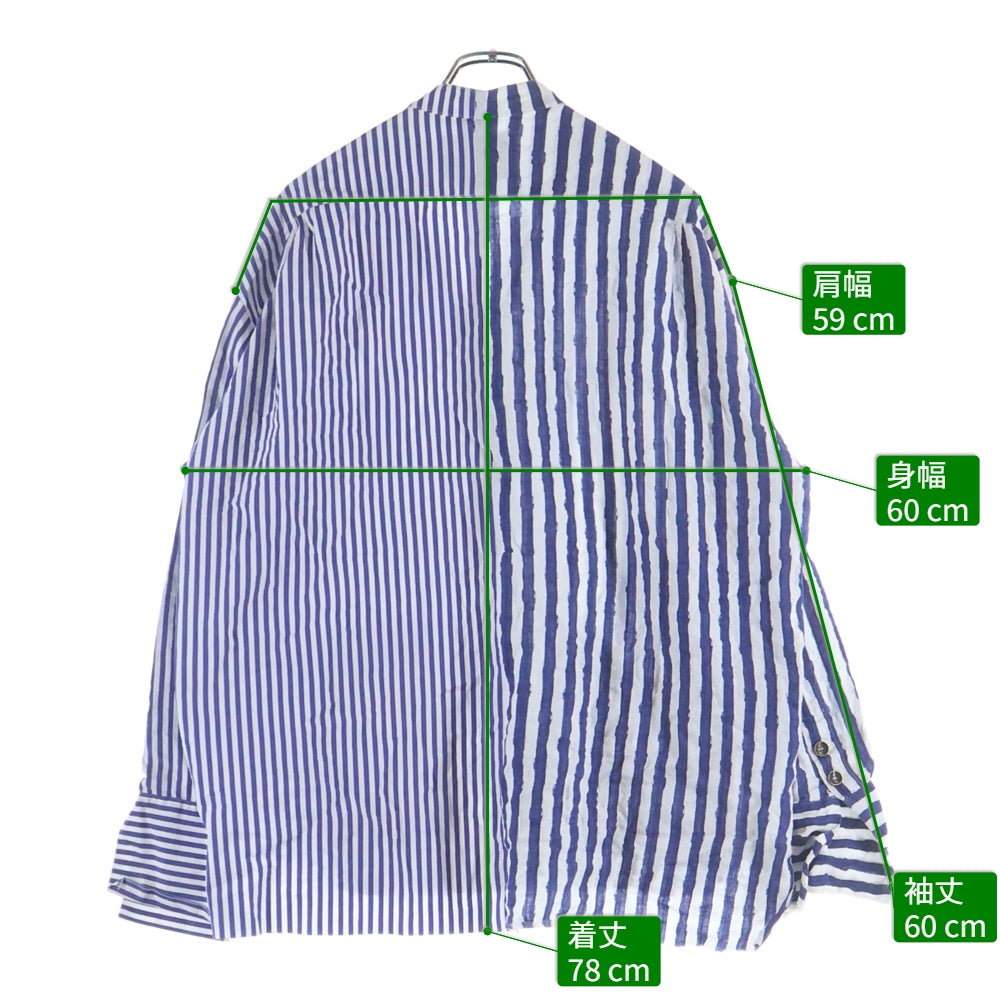 GREG LAUREN(グレッグローレン) Linen and Cotton Striped Shirt リネンコットンストライプシャツ ノーカラーシャツ ホワイト/ブルー