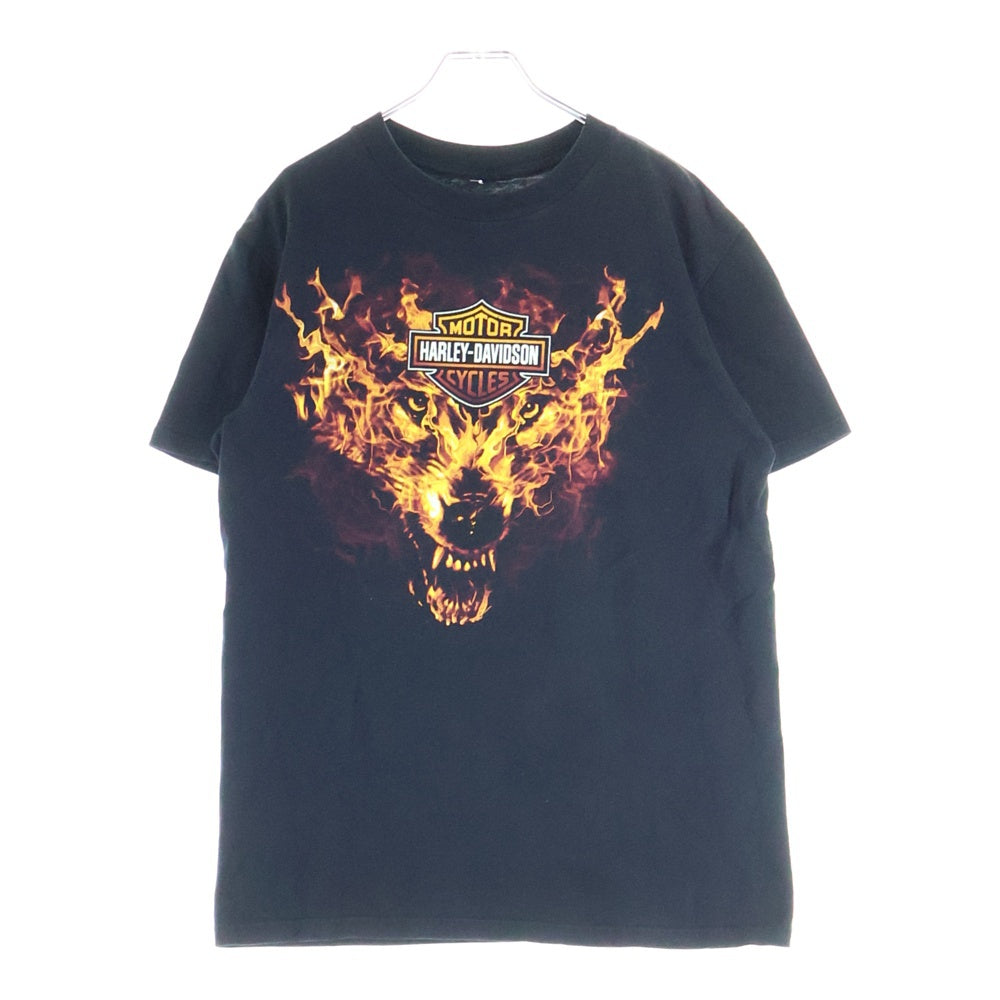 VINTAGE(ヴィンテージ) Harley-Davidson ファイアーパターン ウルフ 両面プリント 半袖Tシャツ クルーネックカットソー ブラック