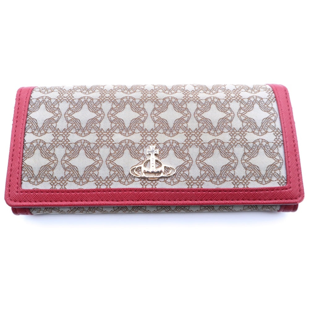 Vivienne Westwood(ヴィヴィアンウエストウッド) ヴィクトリアチャーム付き 総柄キャンパス/レザー ロングウォレット長財布 レディース レッド/ベージュ