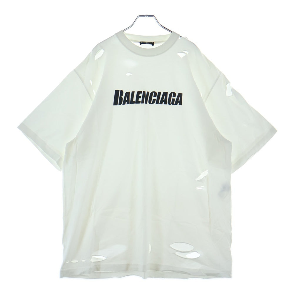 BALENCIAGA(バレンシアガ) 21SS デストロイ加工 ロゴプリント 半袖Tシャツ カットソー ホワイト 651795 TKVB8