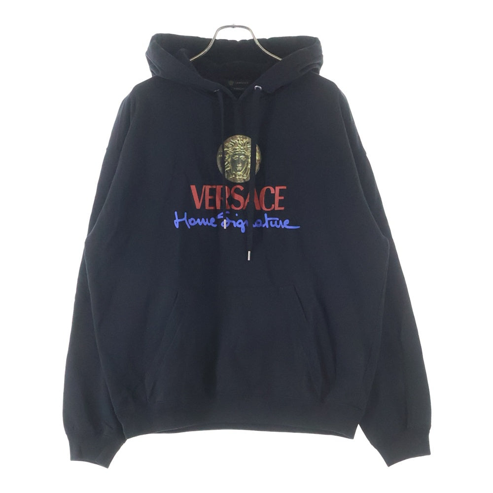 VERSACE(ヴェルサーチ) ホームシグネチャーメデューサ ロゴプリントプルオーバーパーカー フーディー ブラック